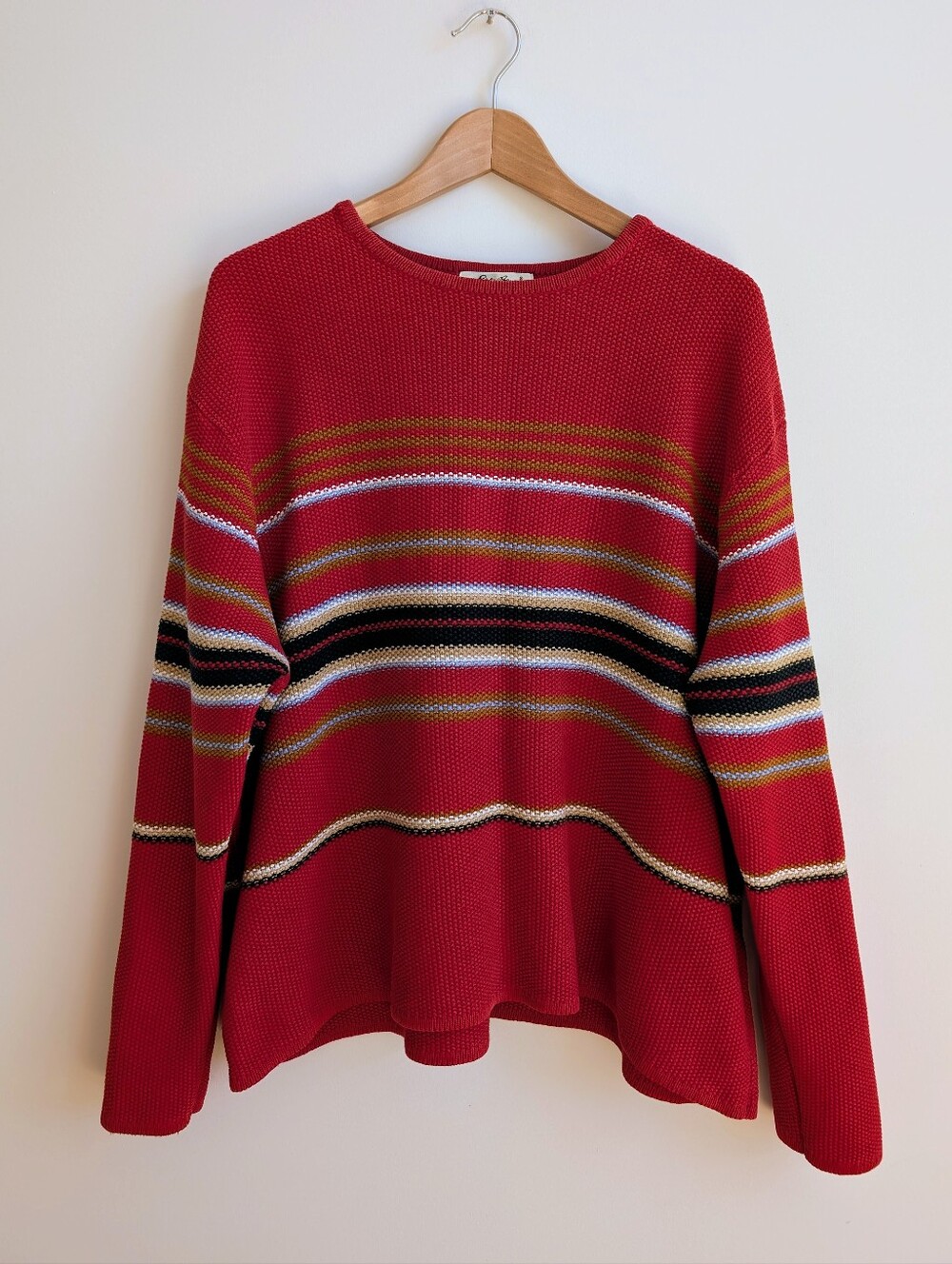 Vintage Eddie Bauer XL 100% Cotton Waffle Knit Red Striped Sweater Made In USA